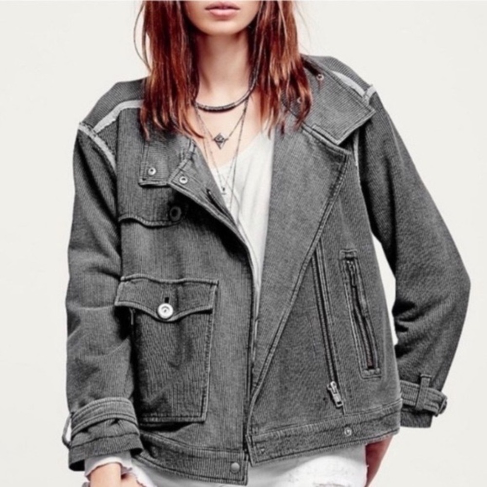 Free People Railroad Pin Striped Knit Moto Bomber Jacket Coat